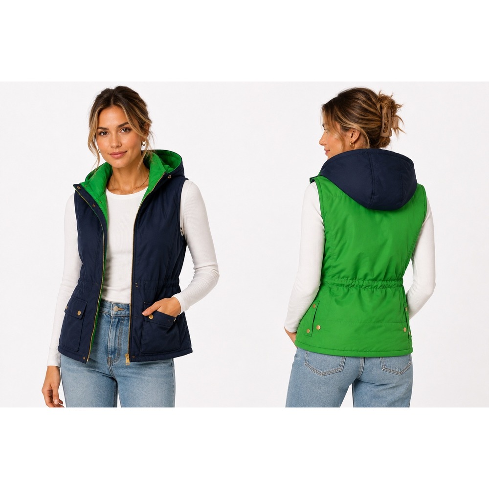 RALPH LAUREN Reversible Vest Hooded Green/Navy Womens S Preppy Old Money